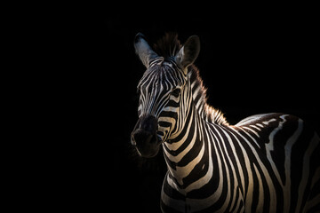 A zebra closeup creative edit, black background