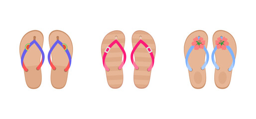 Three pairs of summer beach shoes for women. Vector illustration of flip-flops in bright colors on flat sole with fashion accessories in flat style on white isolated background, top view.
