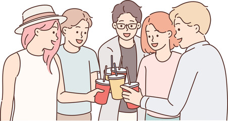 Group of young guys and girls drink drinks during holiday party from disposable cups with straw