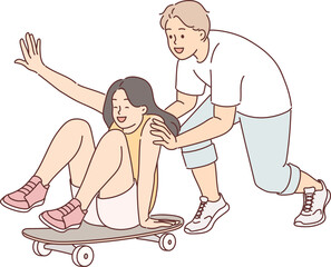 Young couple fun in skate park, enjoying pleasure of relaxing together and riding skateboard
