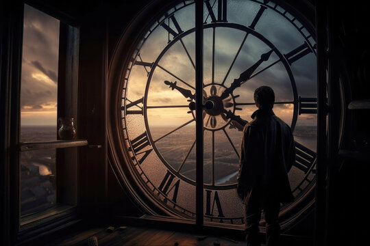 Man standing behind a large clock looking out over city. Generative AI..
