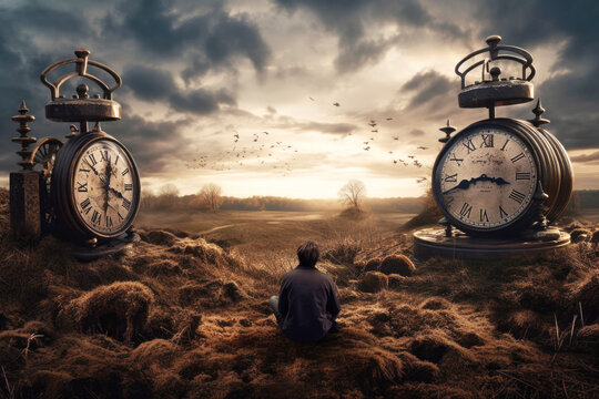 Man sitting in between two large clocks looking out over view of landscape and nature, passage of time. Generative AI..