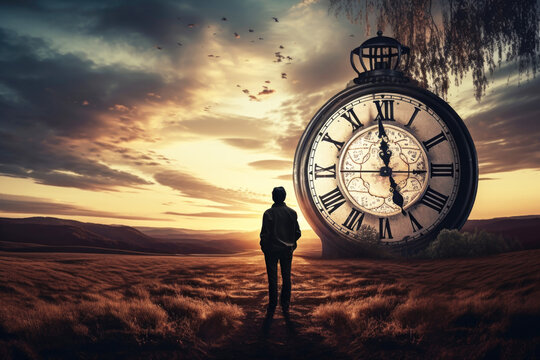 Man standing beside a large clock looking out over nature. Generative AI..