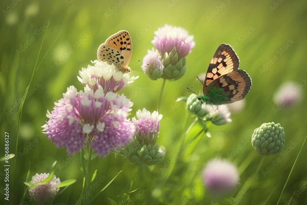 Canvas Prints Wild clover and butterfly blooms in close-up on a meadow in the spring sunlight and summer heat. A colorful, imaginative picture with a soft focus. Generative AI