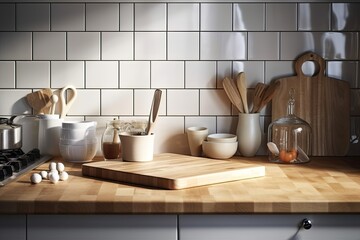 Fototapeta na wymiar Close up of a white ceramic square wall tile and a lovely hardwood kitchen counter top with fashionable kitchen utensils and a cooking kettle. Tools, equipment, and background sunshine. Generative AI