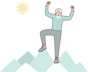 Elderly man stands on top of mountain and celebrates triumphant ascent, for concept of leadership