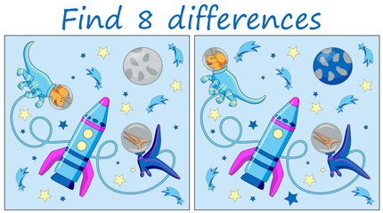 Logic puzzle game. Find 8 differences in space themed pictures with dinosaurs and rocket. Vector illustration for children's development. © OLESIA