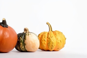 Three assorted pumpkins isolated on white background, horizontal. AI generated