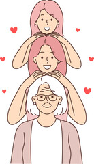 Three generations of happy women standing in row, from grandmother and mother with daughter