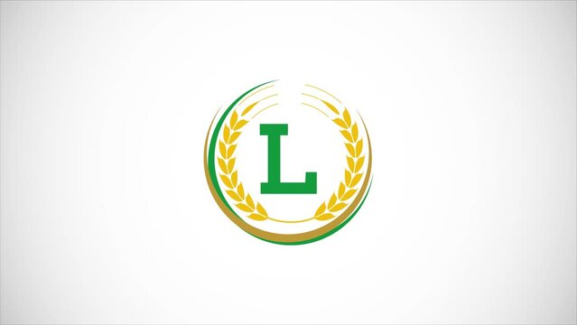 English alphabet L with wheat ears wreath video animation. Organic wheat farming logo design concept. Agriculture logo footage