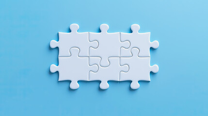 six white puzzle parts on a light blue background, generative ai illustration