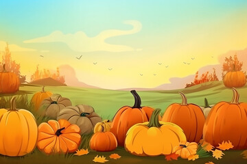 Assorted pumpkins on autumn background with copy space, horizontal. Illustration generated with AI