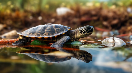 
turtles in the water among plastic bottles and garbage, concept: pollution of nature and water bodies. Illustration, Generative AI