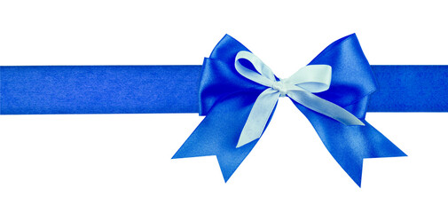 Gift blue ribbon and bow isolated on white background.