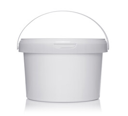 White plastic bucket with lid on a white background. - obrazy, fototapety, plakaty