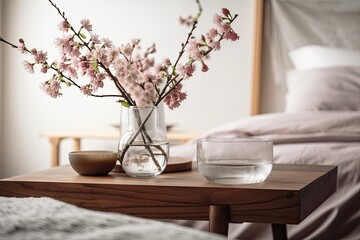 Close up of a wooden table, desk, or shelf with cherry blossom branches in a glass vase over a fuzzy image of a classic bedroom with a soft bed, a bohemian interior design concept. Generative AI