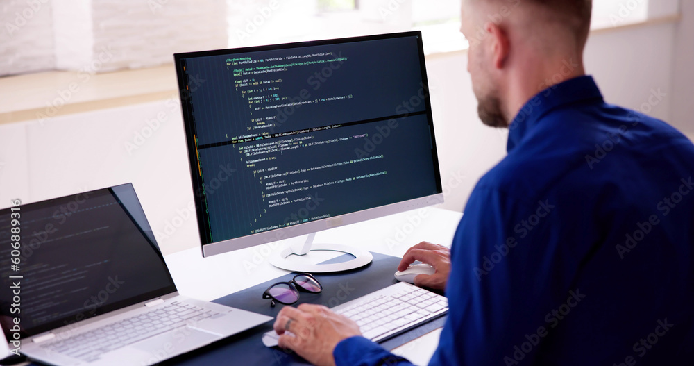 Fototapete Computer Programmer Writing Program Code On Computer