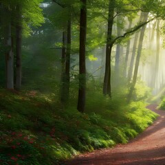 1309 Enchanted Forest Path: A magical and enchanting background featuring an enchanted forest path with sun-dappled trees, lush foliage, and a dreamy and mystical atmosphere4, Generative AI