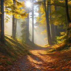 1320 Autumn Forest Trail: A serene and autumnal background featuring a forest trail with golden leaves, sun rays, and a peaceful and nature-inspired atmosphere4, Generative AI