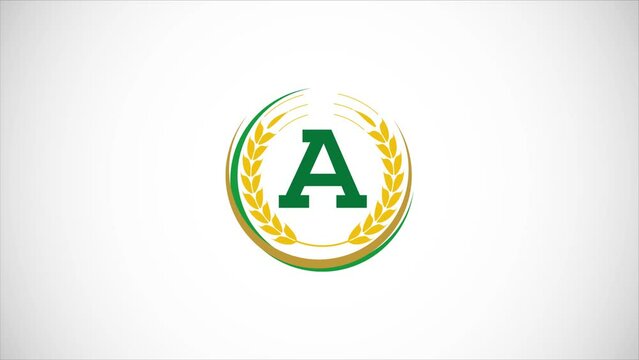 English alphabet A with wheat ears wreath video animation. Organic wheat farming logo design concept. Agriculture logo footage