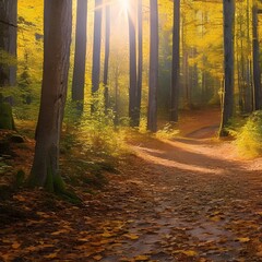 1320 Autumn Forest Trail: A serene and autumnal background featuring a forest trail with golden leaves, sun rays, and a peaceful and nature-inspired atmosphere5, Generative AI