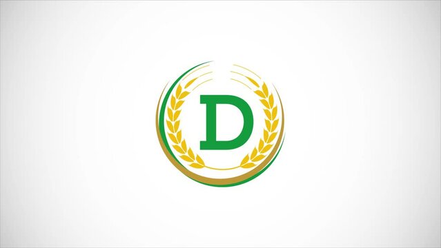 English alphabet D with wheat ears wreath video animation. Organic wheat farming logo design concept. Agriculture logo footage