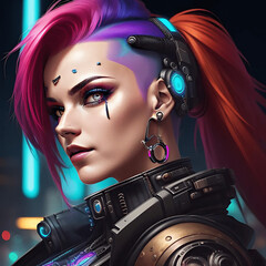 Fototapeta na wymiar Cyberpunk style futuristic girl with bright hair created with AI generative tools