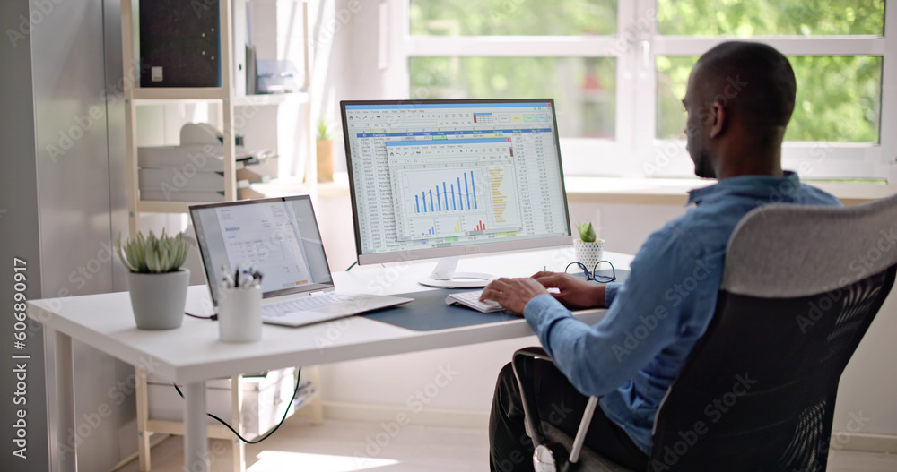Poster data analyst african man using spreadsheet