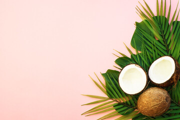 Fototapeta na wymiar Summer flat lay background. Palm leaves and coconut on pink background.
