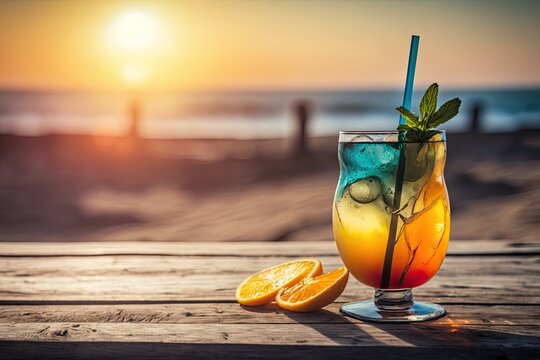 Summer drink on a wooden table with a beach backdrop. Generative AI
