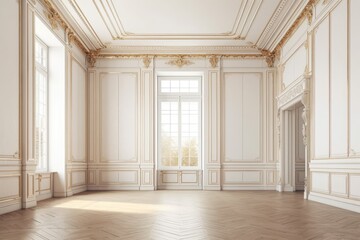 Classic, empty, beige white interior with moldings and blank walls. mock up for an illustration. Generative AI