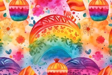 pattern background with Mexican motif watercolor rainbow splash. Generative AI