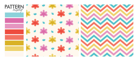 Samba Design: Set Seamless Pattern (floral, dots, chevron and stripes).