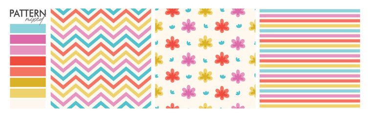 Samba Design: Set Seamless Pattern (floral, dots, chevron and stripes).