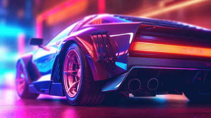 Futuristic sport car with retro design at night city street with neon glowing lights. Cyberpunk background. Created with Generative AI