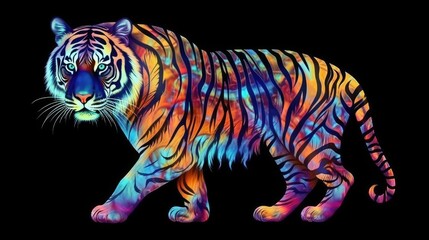AI-generated, black-backgrounded & enchanting tiger. (Watercolor style, Generative AI)