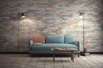 Brick tile color template design texture living room interior sofa table lamp background wood floor wooden wall. Generative AI