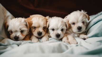Fototapeta na wymiar Photography of small puppies in bed. IA generative.