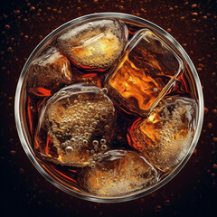 Glass of cola with ice cubes on dark background, close up. 3d illustration. Top view. AI generated image.