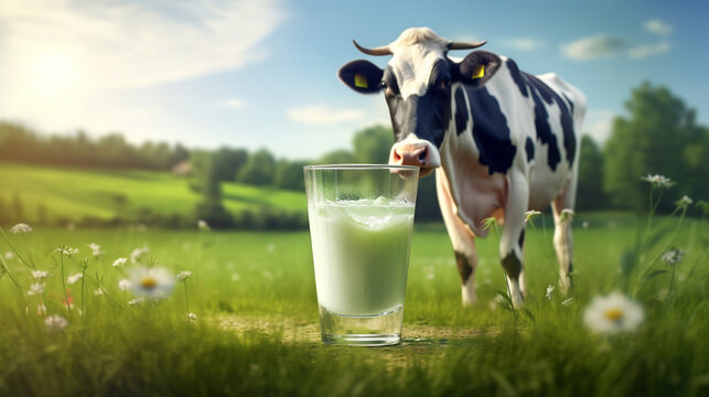Milk in a glass on the background of the mountains and cows. Glass with milk on a spring still life background. Healthy food concept. AI generated image.