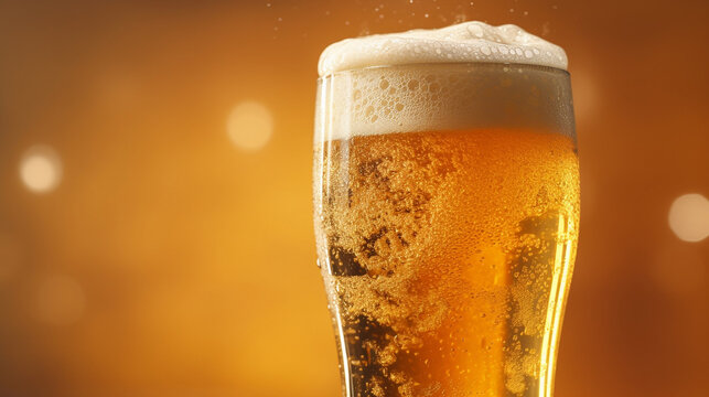 Glass of light beer with foam on a golden background. Close-up. Beer in a glass with froth and bubbles, set on a golden background. Shallow depth focus with bokeh. 3d rendering.   AI generated image.