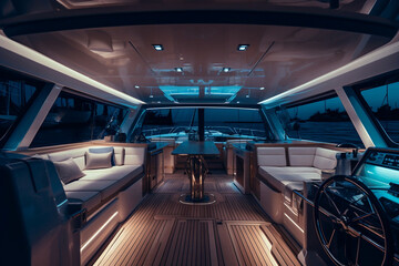 Obraz premium Night time of luxury motor yacht interior, furnishing decor of the salon area in a rich modern large sea boat design. Relaxation areas for water travel. Travelling and entertainment concept.