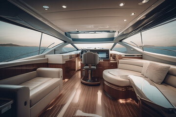 Details of luxury motor yacht interior, furnishing decor of the salon area in a rich modern large sea boat design. Relaxation areas for water travel. Travelling and entertainment concept. - obrazy, fototapety, plakaty