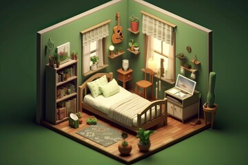 Tiny cute isometric bedroom soft smooth lighting soft color illustration Generative AI 
