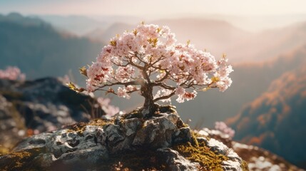 Generative AI Magic: Cinematic Photo Still of Cherry Blossom Tree in Zhangjiajie with Sunlit Encirclement