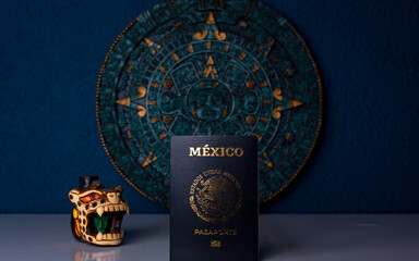 Mexican passport with icons of Mexican culture.