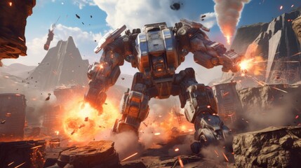 Epic clash between colossal mechs in a war - torn landscape, with explosions and laser beams lighting up the scene - obrazy, fototapety, plakaty