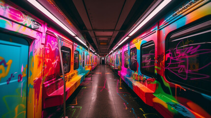 Graffiti photography in the subway with neon colors. IA gnerative.