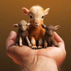 Fototapeta na wymiar cute tiny goats on the palm of hand , generative ai