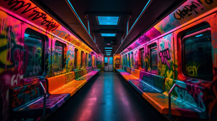 Graffiti photography in the subway with neon colors. IA gnerative.